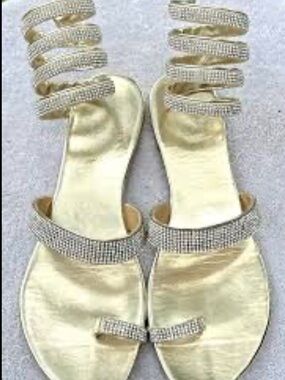ITALINA Women's Gold Rhinestone Ankle-Wrap Spiral Flat Sandals - Size 6.5